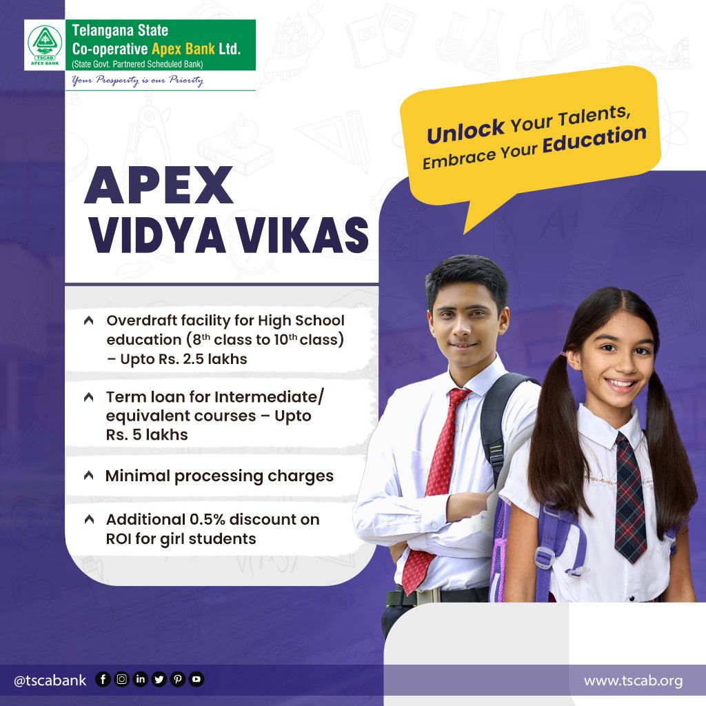 Unlock your Talents, and Embrace your Education!
Apex Vidya Vikas

 #tscab #apexvidyavikas #education #educationloan #loanschemes #loanforeducation #banking