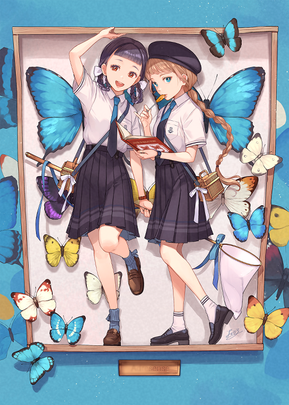 bug multiple girls 2girls butterfly skirt book necktie  illustration images