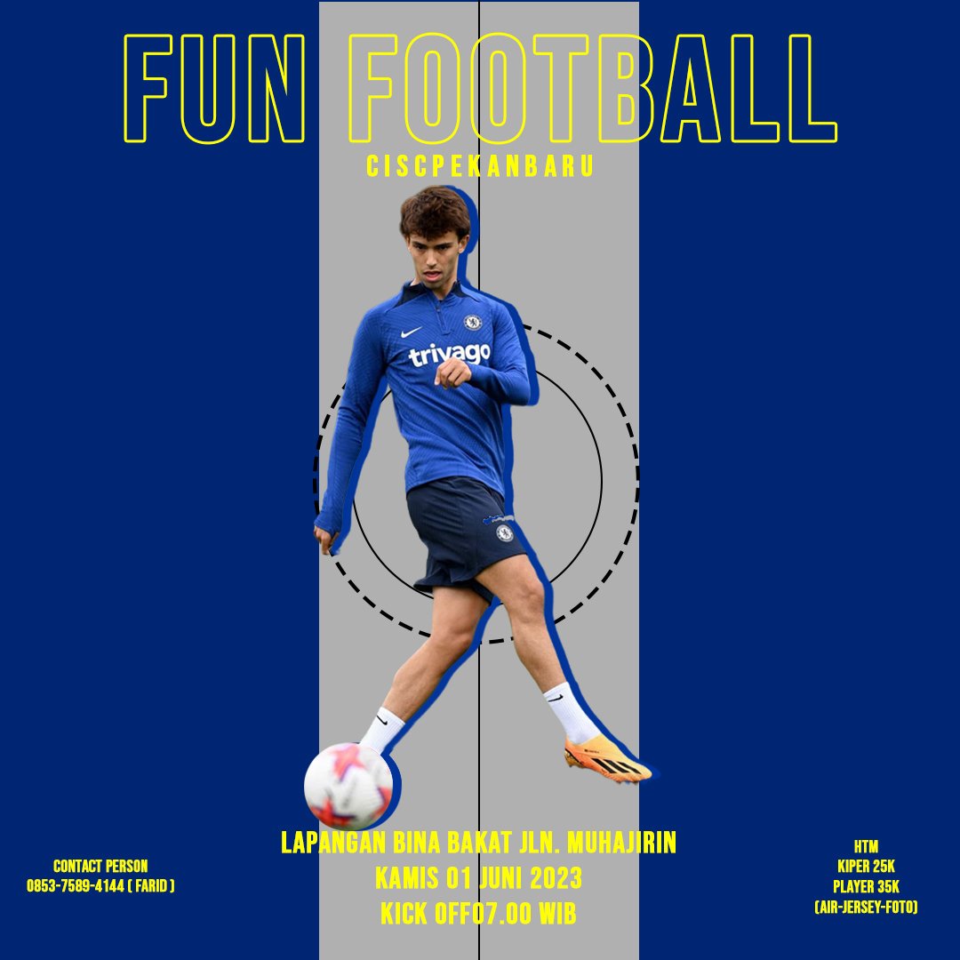 [ INFO - FUN FOOTBALL CISC PEKANBARU ]

🗓️: Thursday, 1 June
🕛: 07:00 AM
💰: Player 35k, Goal Keeper 25k
( Air + Jersey + Photo )
 🏟️: Lapangan Bina Bakat Jl. Karyawan 
👕: CISC / CHELSEA HOME
☎️: (Ryan: +6282170012149) (Farid +6285375894144)

#FunFootballCISCPekanbaru #CISCPKU