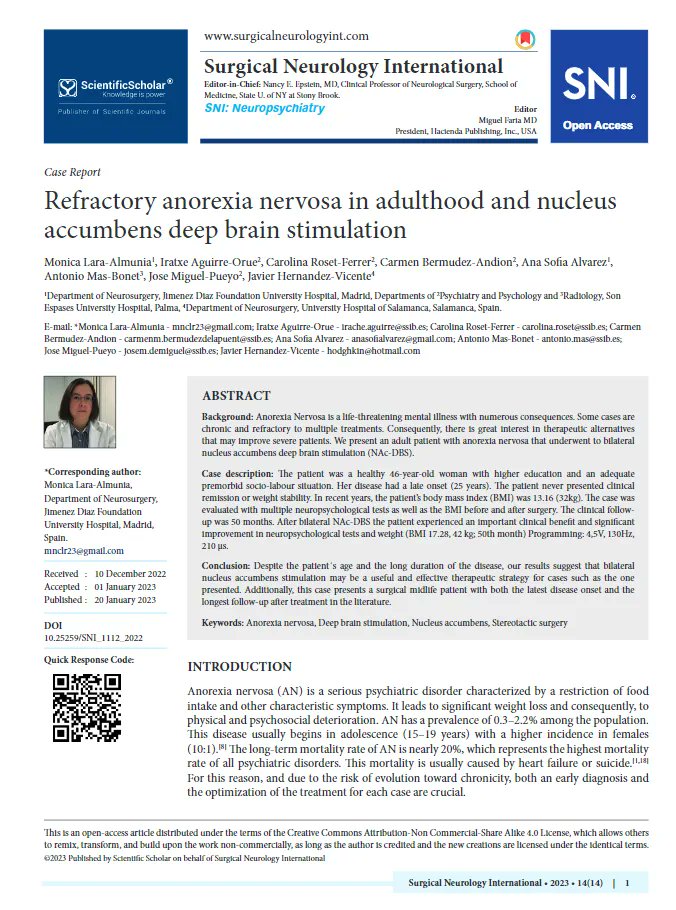 Nou article a #Docusalut Refractory anorexia nervosa in adulthood and nucleus accumbens deep brain stimulation buff.ly/3NWidy0 @OSMIB_IBSalut #PublicaSalutIB