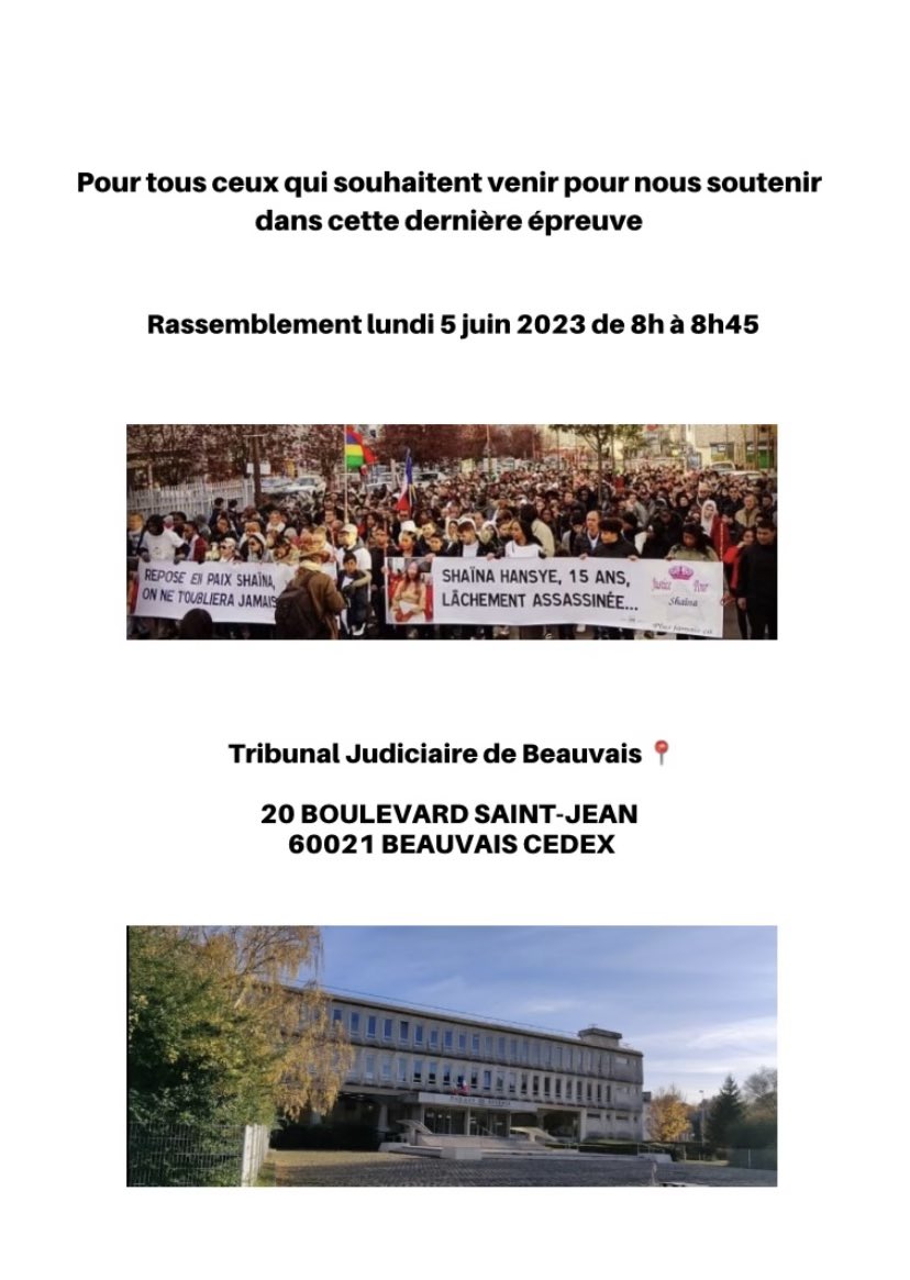 Lundi 5 Juin à 8 h  devant le tribunal judiciaire de Beauvais ! Partager svp