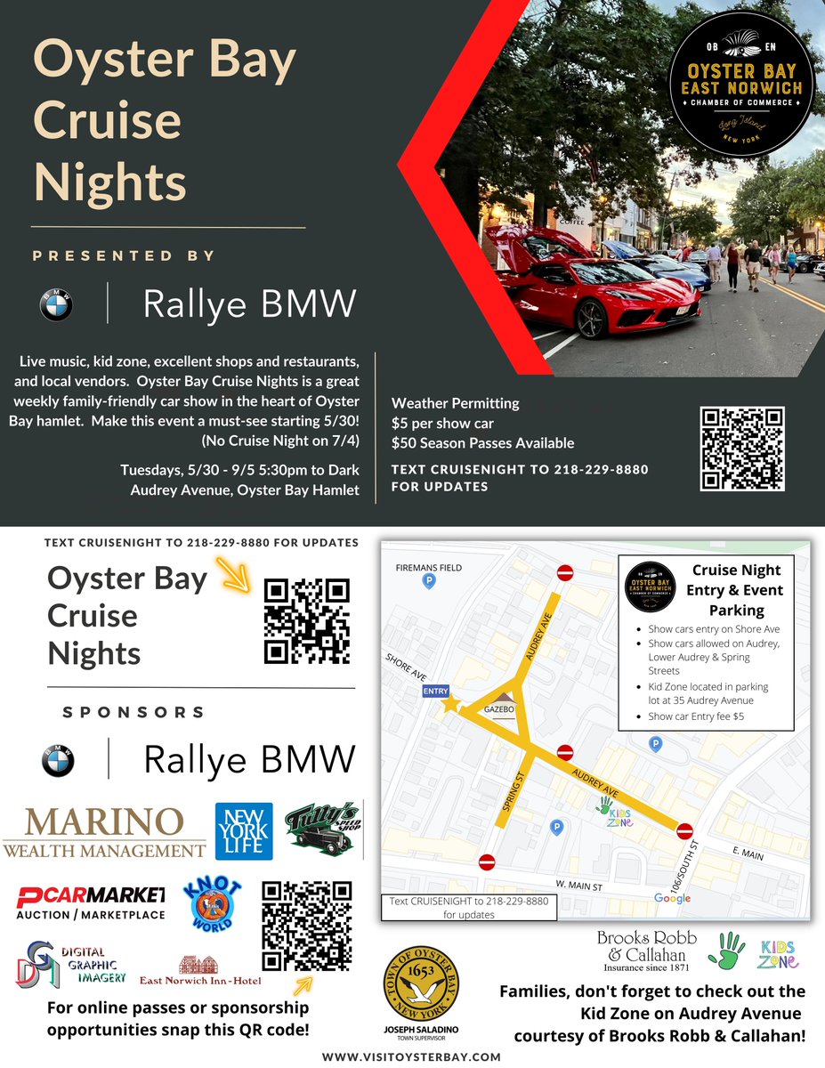 Downtown Oyster Bay has a couple great events right around the corner!  Have a car you want to show off?  Join us Tuesday nights starting 5/30 for CRUISE NIGHTS! #rallyebmw #carshowslongisland #classiccarshow #allmodelswelcome #familyfriendly