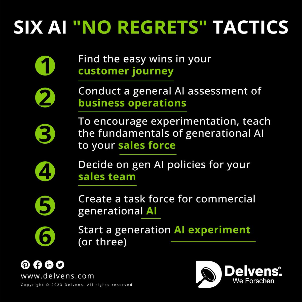 SIX AI 'NO REGRETS' TACTICS

#delvens #weforschen #ai #tactics #business #businessstrategies #industrial #inspirational