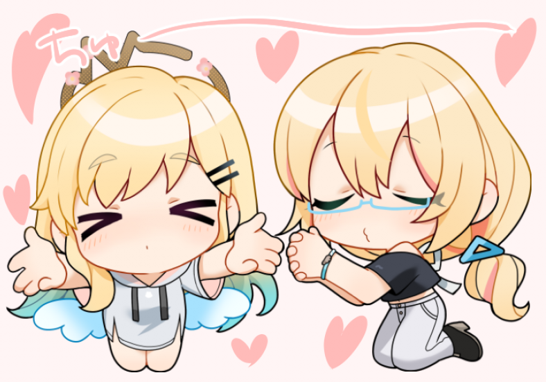 multiple girls 2girls > < closed eyes chibi blonde hair heart  illustration images