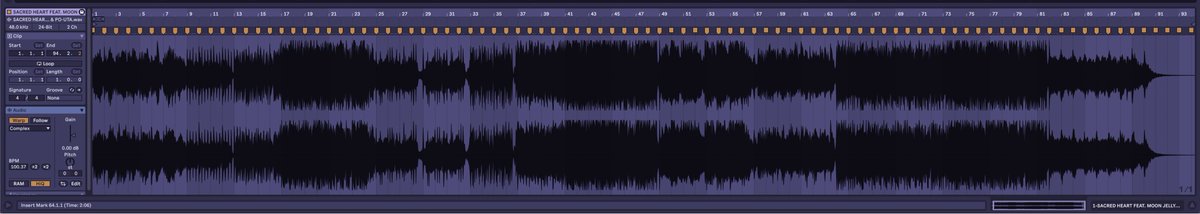 ableton live just updated to 11.3 and they very quietly improved the auto-warping DRASTICALLY. i just dropped this song in and the auto-warp almost perfectly lined up the entire track, those aren’t just random anchor points, they're equally distanced even over parts with no drums