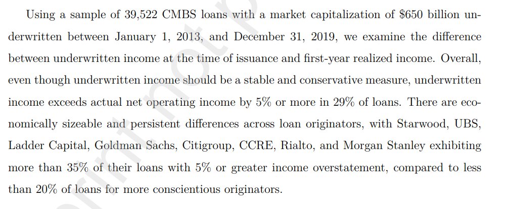 MarketerCap's tweet image. A 2021 study estimates 30% of agency and conduit  CMBS property's historical profits (NOI) were inflated in loan sales to investors....so they could justify higher underwritten NOI, larger loans, more profits - causing more losses.

"Is COVID Revealing a Virus in CMBS 2.0?"