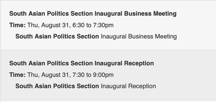 The first South Asian Politics section business meeting and reception at #APSA2023 are scheduled for Thursday evening. Please mark your calendars, and remember to join the section when you register!