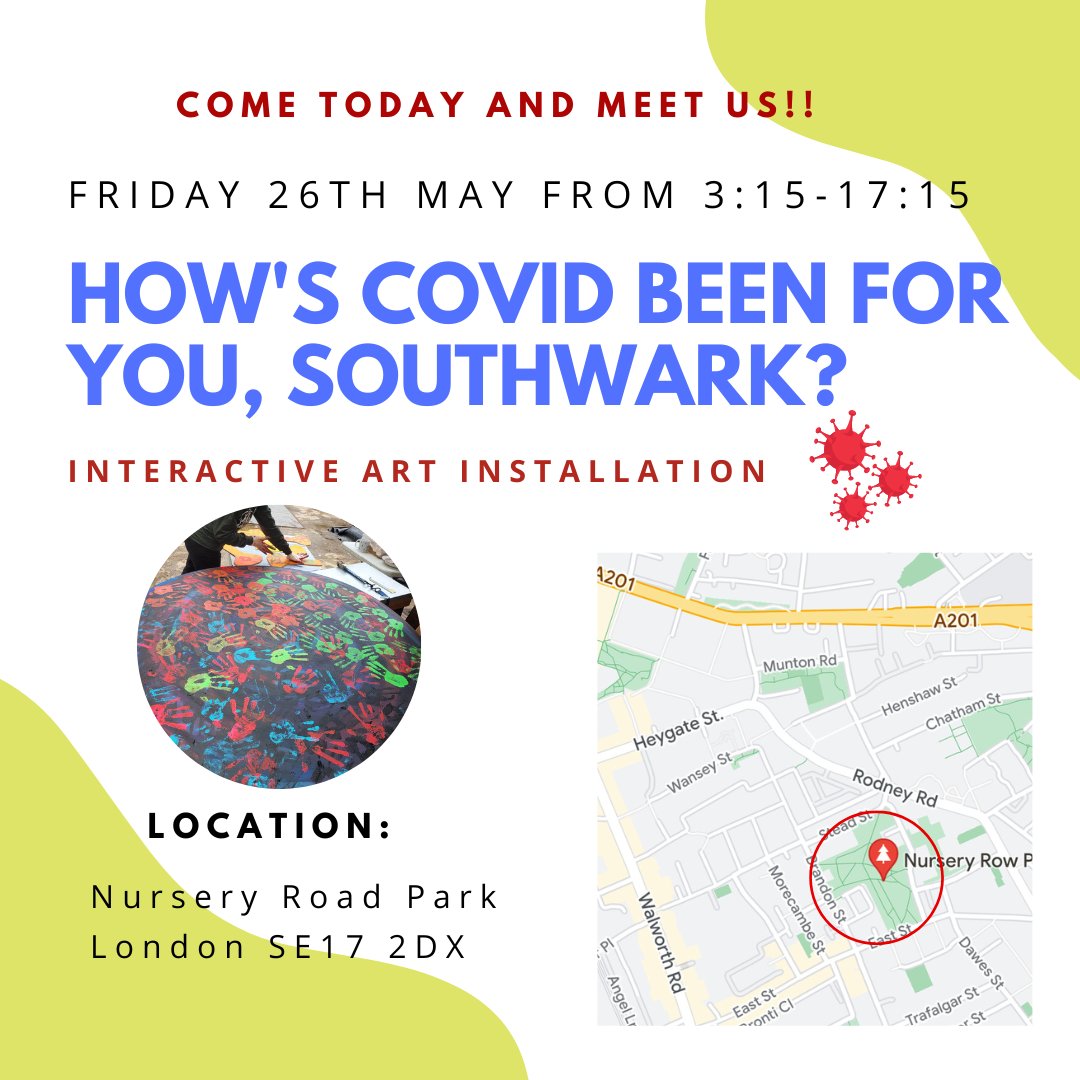 The project 'How's Covid been for you, Southwark?', commissioned by <a href="/SWK_CHWP/">Southwark Culture Health and Wellbeing Partnership</a>, will be at Nursery Row Park this afternoon, 3:15 to 5:15pm. Thanks to @FriendsofNRPark for hosting.
