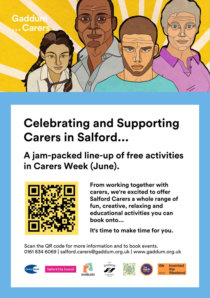 SalfordASC's tweet photo. Carers Week 5 - 11 June. If you look after a family member,  friend or neighbour, come and meet our colleagues from Gaddum to find out what help is available. Scan the QR code for event details https://t.co/d4NggwlzKm