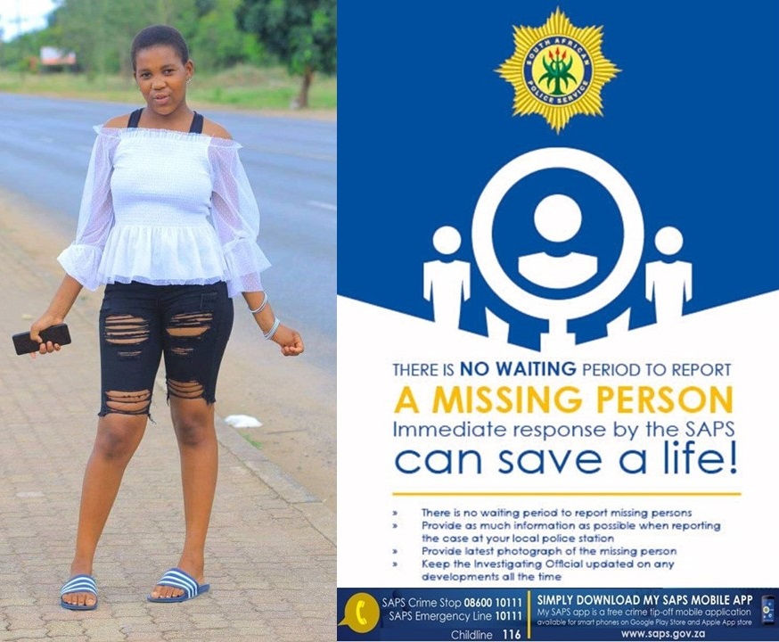 #sapsLIM Giyani #SAPS seeks #missing Lulama Mabunda (17) from Sikhunyani Village who was last seen on 15/05 when she left her aunt's house in the same neighbourhood. Info -> WO Maurice Maswanganyi 0825656491, #CrimeStop 08600 10111 or #MySAPSApp. NP saps.gov.za/newsroom/msspe…