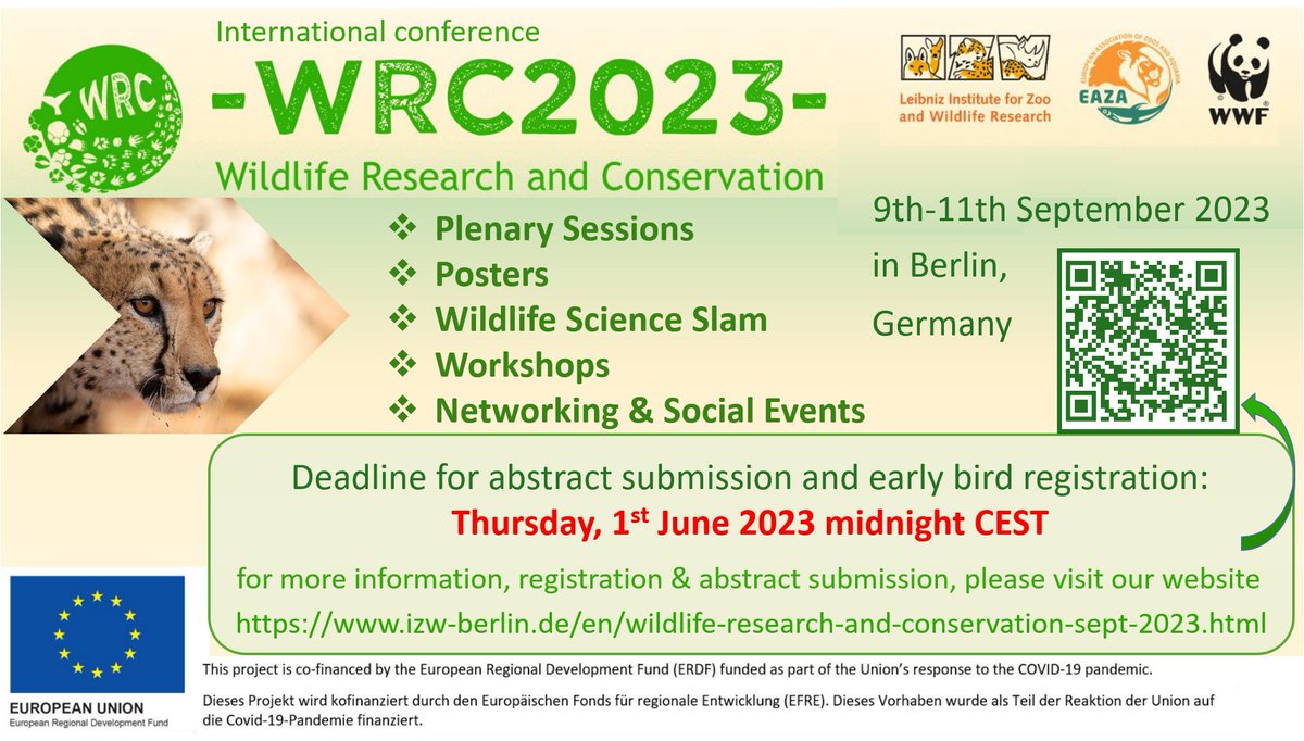 Leibniz-IZW (@izwberlin) on Twitter photo Ready, steady, go! The wait is over. Online registration and abstract submission for WRC 2023 is now open! Find all the information here:
---> izw-berlin.de/en/wildlife-re…
<a href="/WWF_Deutschland/">WWF Deutschland</a> <a href="/EAZAFund/">EAZA Conservation</a> <a href="/LeibnizWGL/">Leibniz-Gemeinschaft</a> Ready, steady, go! The wait is over. Online registration and abstract submission for WRC 2023 is now open! Find all the information here:
---> izw-berlin.de/en/wildlife-re…
<a href="/WWF_Deutschland/">WWF Deutschland</a> <a href="/EAZAFund/">EAZA Conservation</a> <a href="/LeibnizWGL/">Leibniz-Gemeinschaft</a>