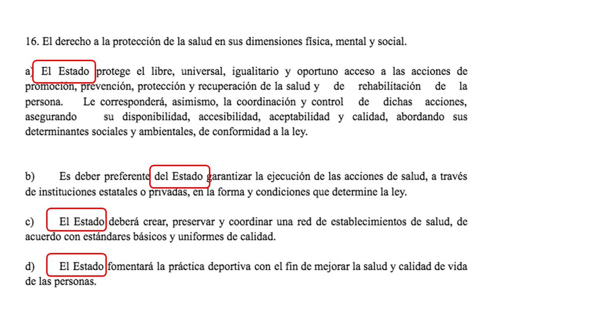 MaxLobosCL's tweet photo. 🔴 SALUD (in)EXPERTA. — Le presento a usted el intragable texto del "derecho social" a la salud que propone la Comisión Experta y que a continuación explicaré a usted, punto por punto, por qué jurídicamente  es una horrorosa propuesta para Chile:

1. En el punto a) le da al Estado (entiéndase: grupo de políticos endémicamente corruptos que administran lo público en Chile) el poder de coordinar y controlar las siguientes acciones:
a) la promoción de la salud,
b) las acciones preventivas,
c) las acciones de protección y recuperación.
d) asegurar su disponibilidad, accesibilidad, aceptabilidad y calidad.
Y si ese inmenso poder no fuera poco, el texto aumenta más el poder de los políticos, añadiendo variables de decisión abstractas e indeterminadas llamadas "determinantes sociales y ambientales".  Vaya usted a saber qué diantres significa eso, o dónde está jurídicamente definido, porque es imposible. Este nivel de vaguedad solo aumenta el poder y facultades discrecionales de los políticos.
2. En el punto b) la propuesta crea un sistema único de salud igual que el mamarracho rechazado, al decir que el Estado garantiza la ejecución de las acciones anteriores mediante (o sea las usa como medios) a instituciones públicas y privadas. En otras palabras, usará a los privados como simples gestores de lo que el Estado determine. Si esto se aprueba, se acaba el sistema privado como lo conocemos, y los prestadores privados serán meros gestores de lo que determine el Estado (los políticos), al más puro estilo nazi.
3. El punto c) es una redundancia del punto b).

Este texto es un horror jurídico, porque en ninguna parte le garantiza a usted la libertad de elegir el sistema de salud privado, si esa es su voluntad. Este texto crea un único sistema, y deja dentro del paraguas público a simples gestores privados de públicos que deberán someterse a los designios de los políticos. 
Esta horripilante propuesta constitucional no tiene más remedio que ser RECHAZADA ROTUNDAMENTE POR CHILE para que los Consejeros electos la desechen íntegramente y le presenten al país una oferta constitucional seria y que garantice al menos la libertad de elegir entre un sistema público o privado. 

En caso de aprobarse esta propuesta en el plebiscito, se acabará el sistema privado de salud en Chile.