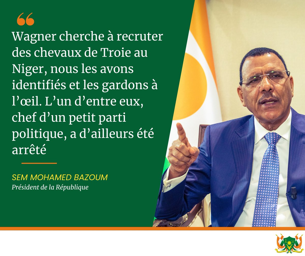 ■ <a href="/jeune_afrique/">Jeune Afrique</a> : Le groupe mercenaire russe Wagner est présent au Mali, avec des visées sur le Burkina Faso, et il vous a, si l’on peut dire, dans son collimateur, via notamment des campagnes de désinformation. Est-ce une préoccupation ?

■ <a href="/mohamedbazoum/">Mohamed Bazoum</a> : Inévitablement.