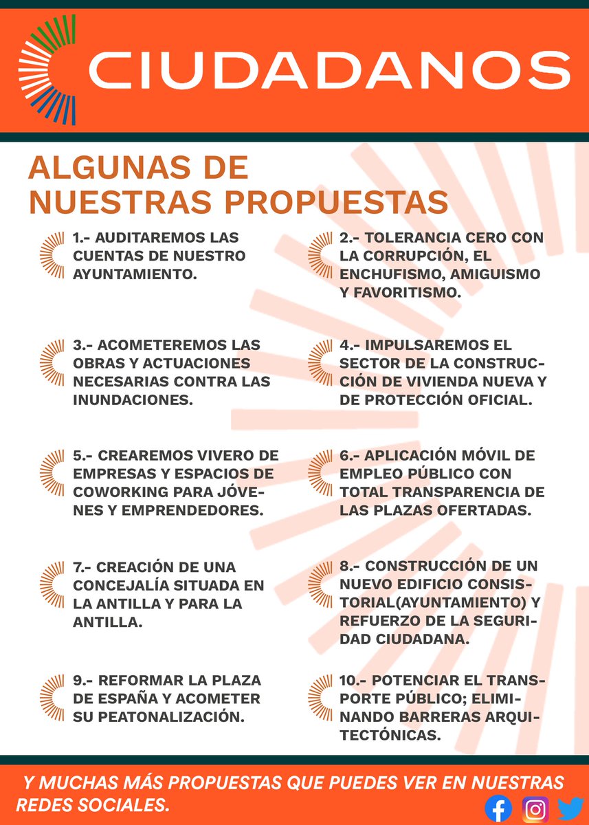 Cs_Lepe's tweet photo. Recuerda, el voto es tuyo; de nadie más. Vota en libertad. 🍊💪

Volvemos a recordar nuestro decálogo de acciones para la mejora de nuestro municipio.

#Céntrate
#Libérate
#Rebélate https://t.co/QGi4x0t20G