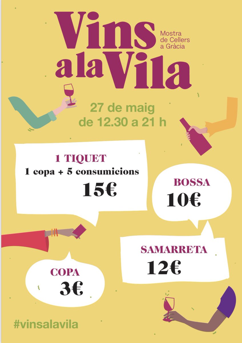 Mostra de cellers nascuda el 2018 al ♥️ de Gràcia, amb la voluntat d’apropar la #cultura del #vi i donar a conèixer els productes artesans de #viticultors d’arreu de #Catalunya, bona teca i musica 🎶.

T’esperem …

📆 Demà, 27/05
⏱️ 12:30 a 21 h
📍 C/Verdi 
🔥 #VinsaLaVila