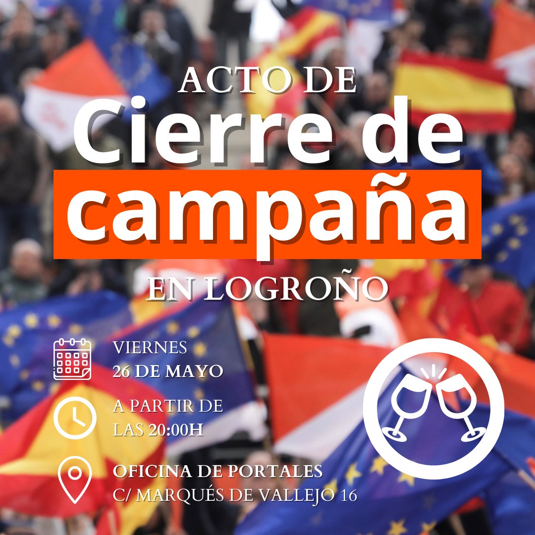 Acto Fin de Campaña
Os esperamos hoy a las 20h en la sede electoral de Logroño en c/ Marqués de Vallejo, 16.
🧡🧡🧡🧡🧡🧡