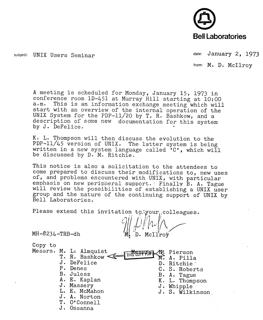 unix_byte's tweet photo. The invitation for an internal Bell Labs seminar from Jan of 1973: "K. L. Thompson will then discuss the evolution to the PDP-11/45 version of UNIX. The latter system is being written in a new system language called 'C', which will be discussed by D. M. Ritchie" https://t.co/A0gZNAzamA