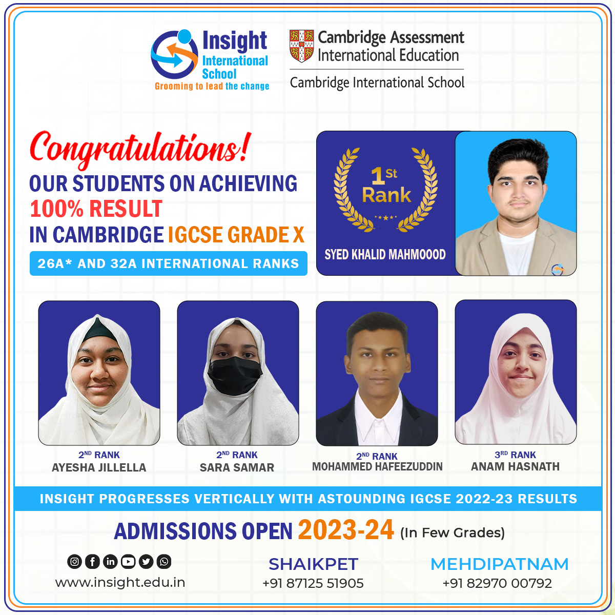 Proudly Shining: #Celebrating our students' remarkable success in #Cambridge #IGCSE Grade X with 100% #results, 26A* and 32A International Ranks!
#InsightInternationalSchool #cambridgeresults #igcseresults #internationalrank  #internationalschool #cambridgeschool #hyderabad