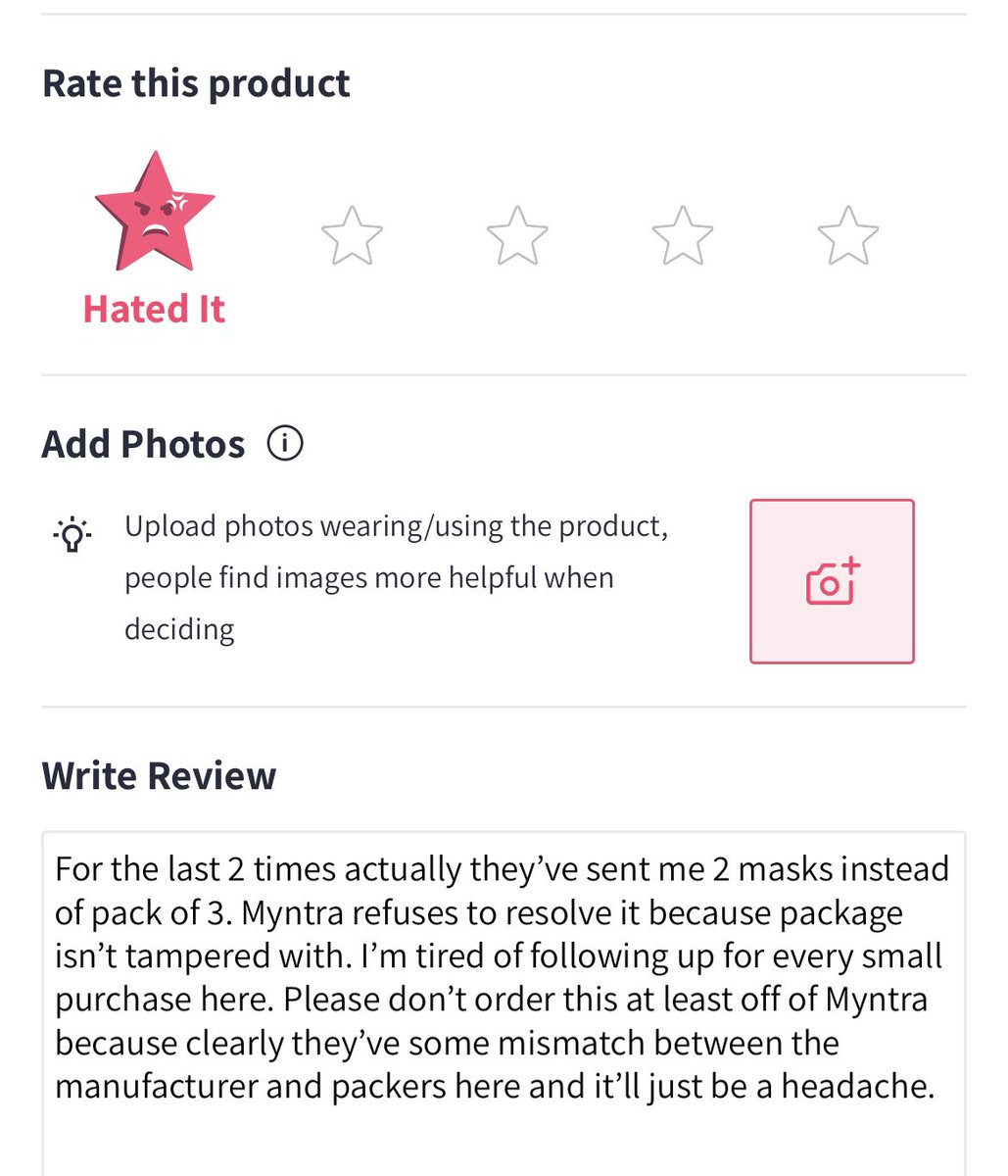 Apoorva_Nath's tweet photo. So @myntra delivers an incomplete package. Couldn’t resolve the problem at their end. Then they don’t let me post a non abusive, genuine review? Leaving me no choice @MyntraSupport I’ll share my experience here.
#myntra https://t.co/uI8ddoNugy