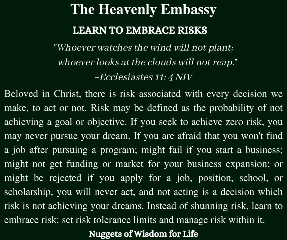 AngelRiel11's tweet photo. Learn to embrace risks, instead of shunning them. If a course of action can lead to your desired objective, set your risk tolerance level for it and manage your risks within it, and you may achieve your objective. Running away from risk may cause you to abandon many dreams! https://t.co/VtWCBNeiPQ