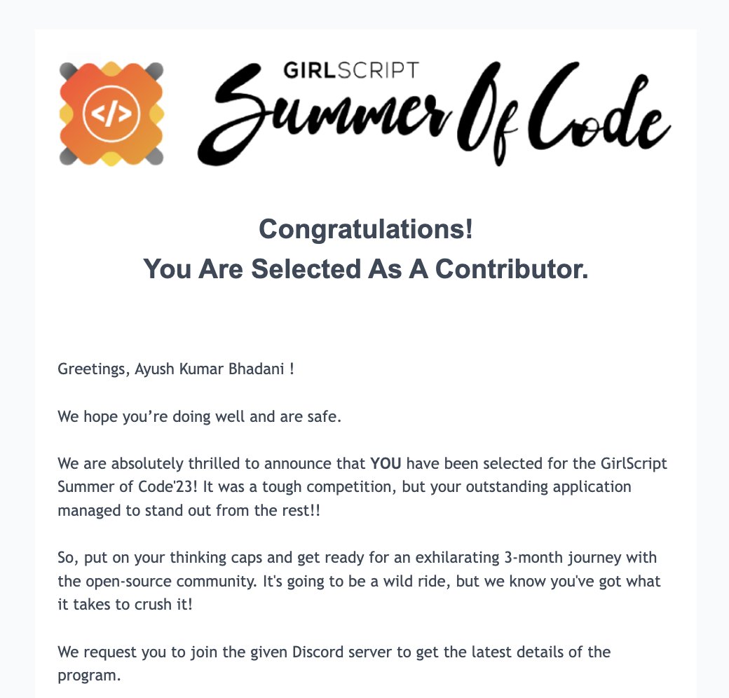 AyushKumarAKB's tweet image. Ooooyeeeee! Got Selected as a contributor in GSSOC&apos;23 @girlscriptsoc 

Very excited to contribute to the open-source repos.

#opensource  #girlscriptsoc