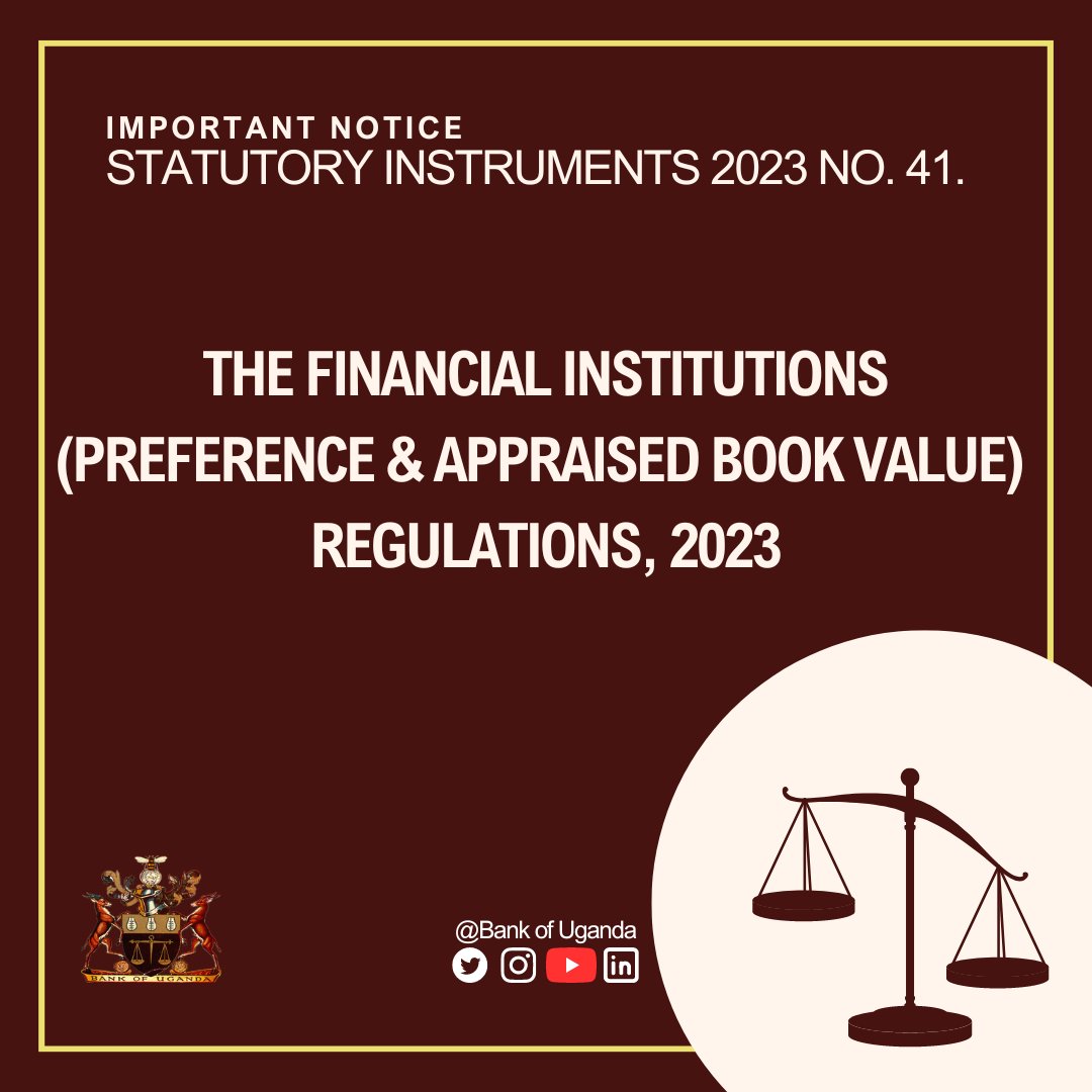 BOU_Official's tweet photo. IMPORTANT NOTICE: “Uganda has published regulations to secure the enforceability of close-out netting under ISDA Master Agreement, GMRA and GMSLA contracts with financial institutions. The Financial Institutions (Preference and Appraised Book Value) Regulations 2023 were announced per The Uganda Gazette on 14th April 2023.”

Download here: https://t.co/igXOA1gqyt

CC: @frontclear, @ugbankers, @ACI_Uganda, @ENSlaw, @ICMAgroup, @CmaUganda, @ISDA, @mofpedU, @MoJCA_UG,@urbraUg, @nssf_ug