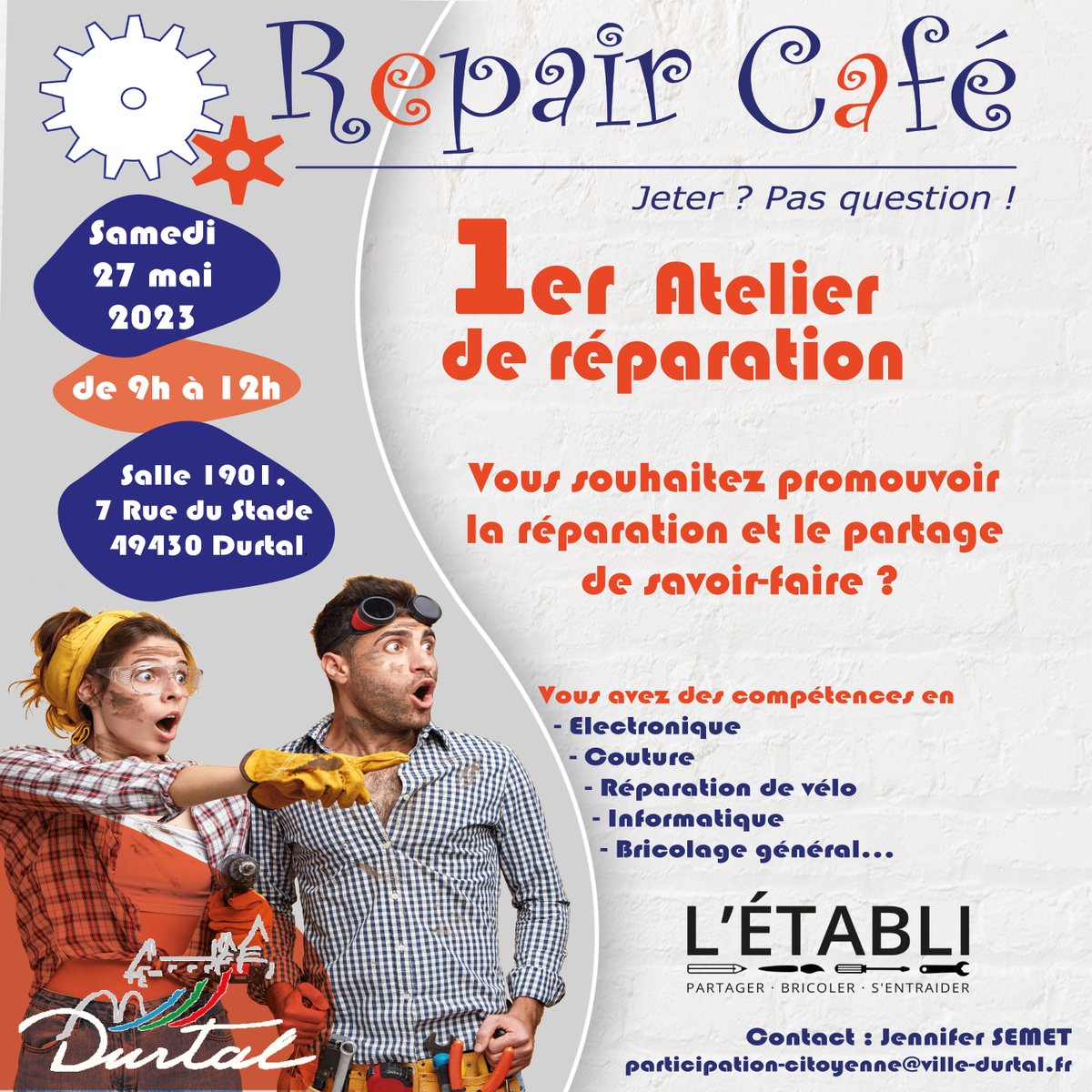 #Durtal lance son demain samedi 27 mai 2023 son premier #atelier de #réparation 'Repair café' avec le soutien de l'#Etabli.
Des #outils de réparation seront mis à disposition ainsi que des #bénévoles #réparateurs disponibles !
#repaircafe #solidarite #entraide #partage #collectif