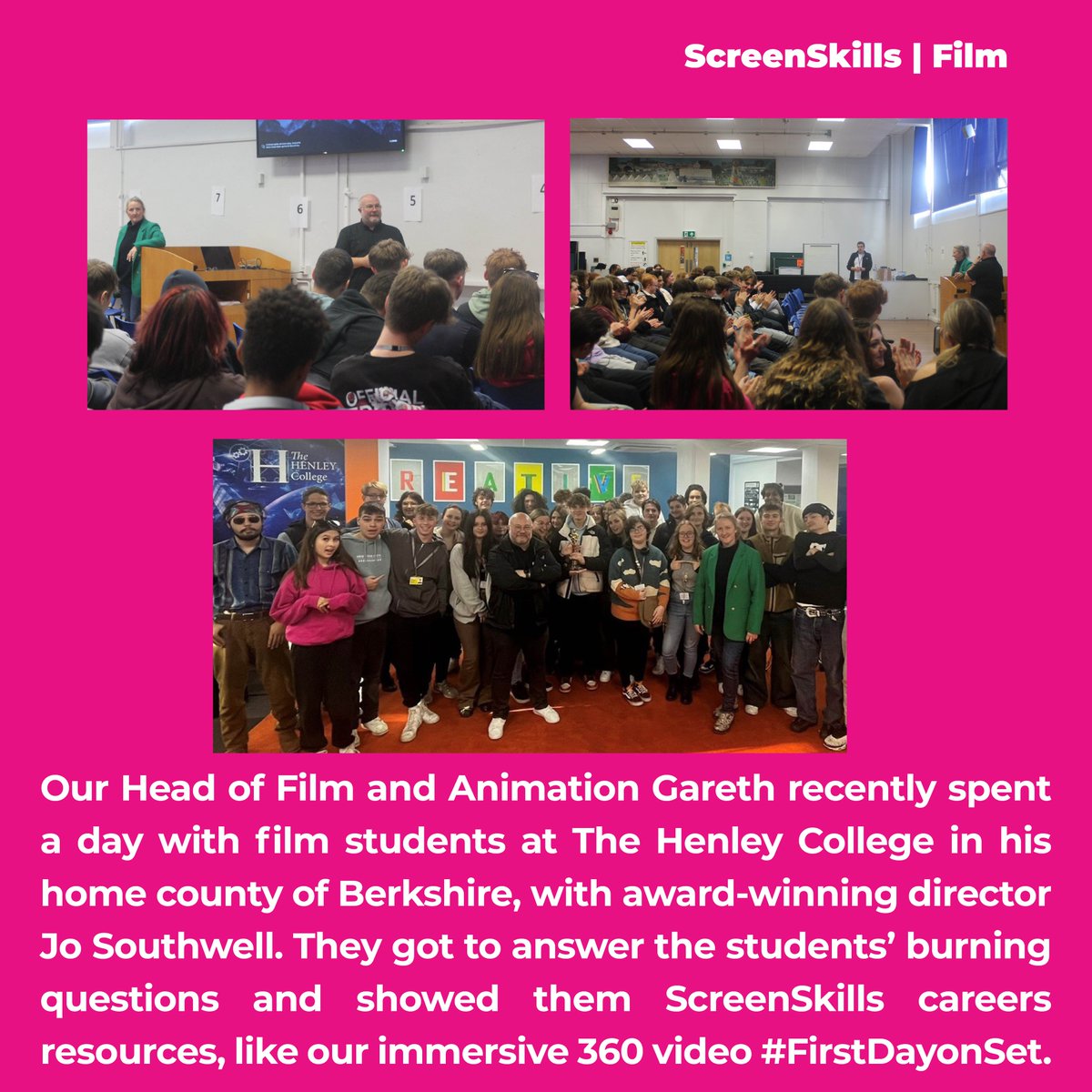 Our Head of Film and Animation @Bedlam_Gareth  recently spent a day with film students at @HenleyCol in his home county of #Berkshire, answering their burning questions and showing them some of our careers resources, like our immersive 360 #FirstDayonSet: bit.ly/3ME4rOg