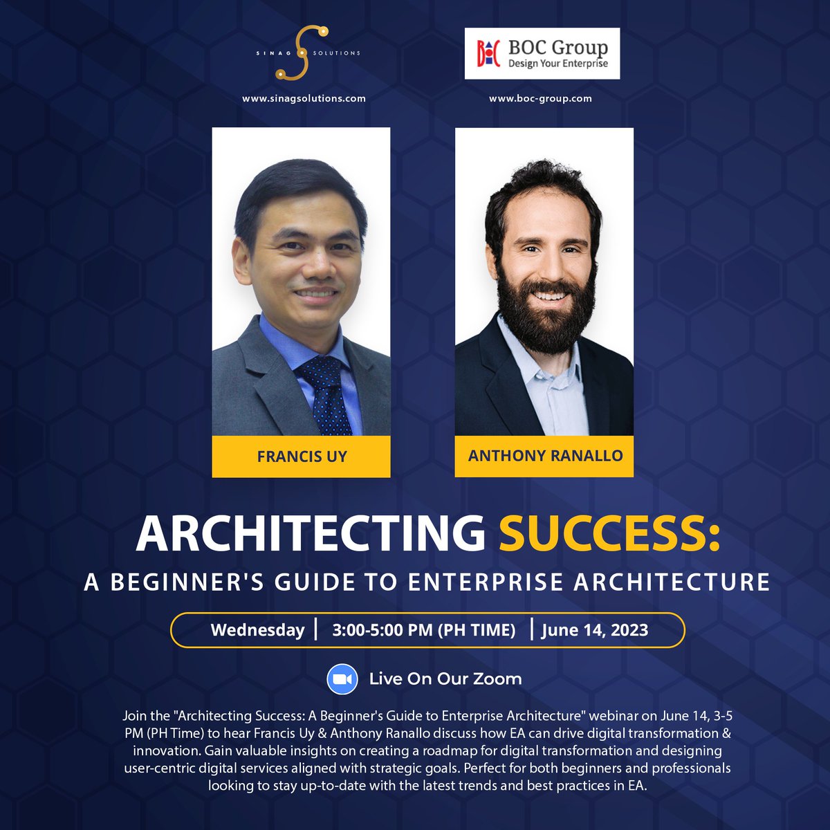 How can #EnterpriseArchitecture drive digital transformation and innovation? Join our live webinar on June 14 at 3 PM PHT, where together with our partner <a href="/SinagSolutions/">Sinag Solutions</a>, we will provide valuable insights into the world of #entarch. Register here ⏩ lnkd.in/gWpcQQE9