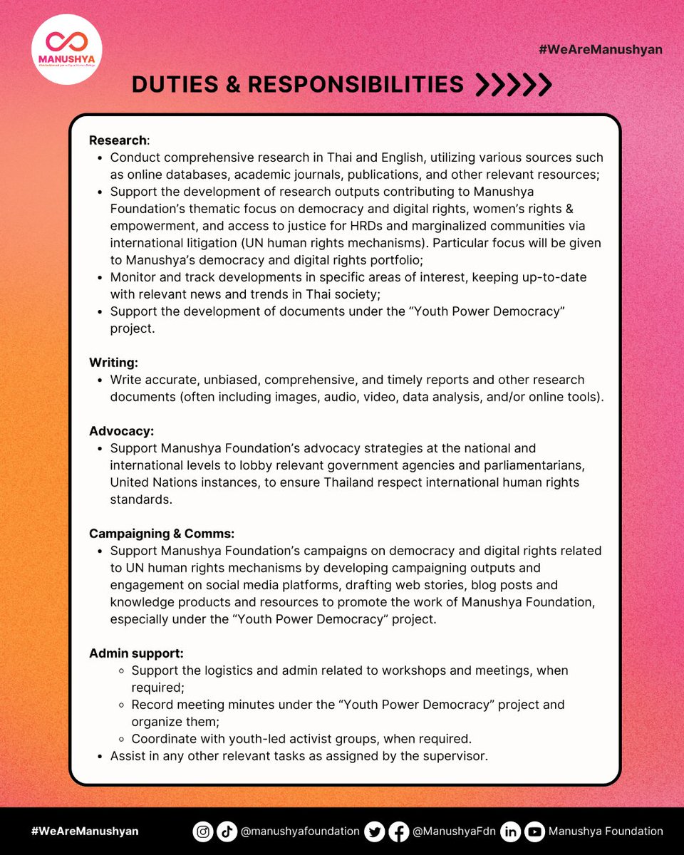 ManushyaFdn's tweet photo. Do you want to become a Manushyan? We are hiring! 📣

📍We are looking for a Human Rights Research &amp; Advocacy Assistant. It is a full-time paid internship position starting at the end of June 2023!

🔗Apply here: https://t.co/j8AKo1AL7W https://t.co/GQfxTsaydi