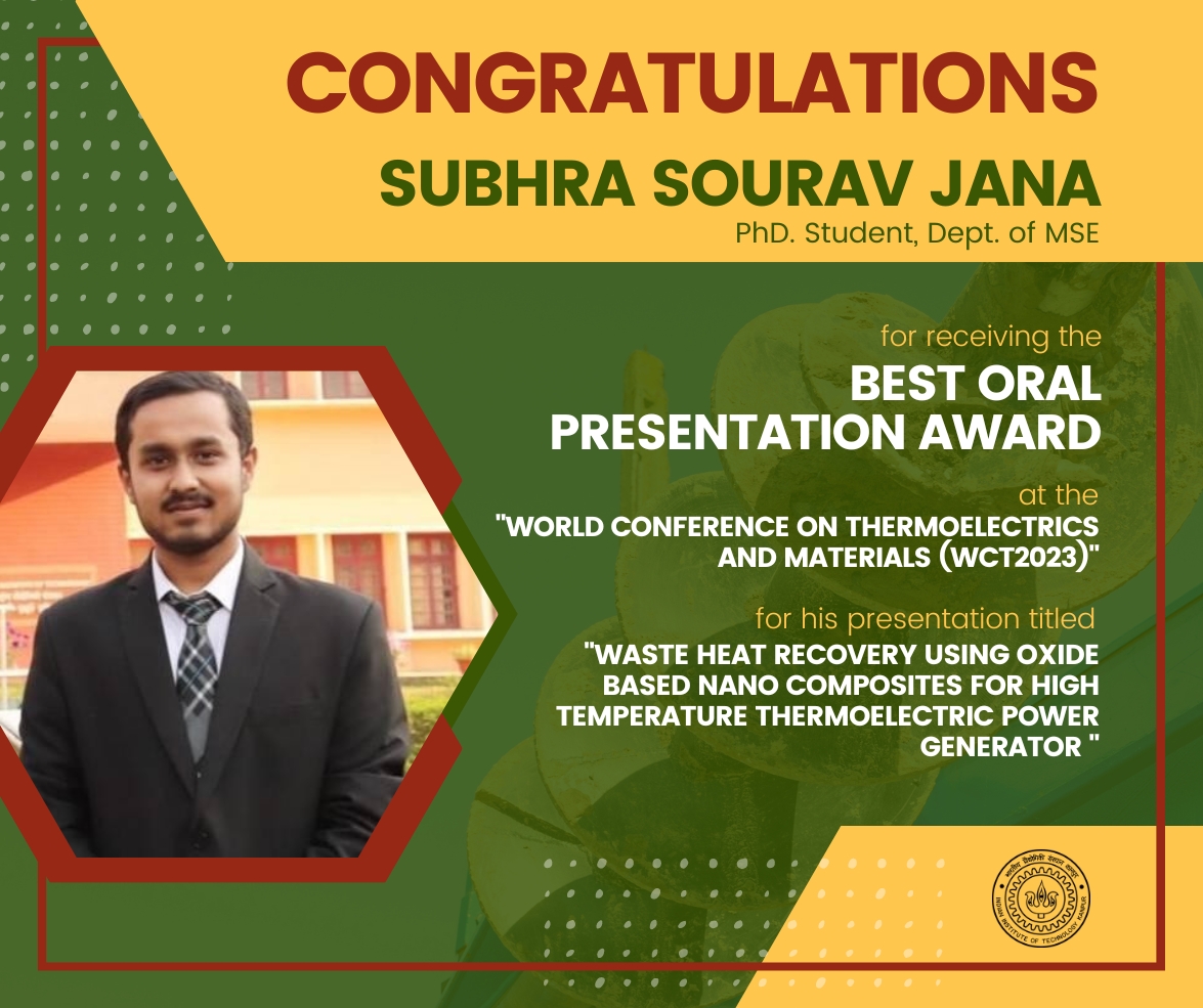 Heartiest Congratulations to Mr. Subhra Sourav Jana, PhD scholar at the MSE Dept, on receiving the Best Oral Presentation Award by the National University and MRSI Jaipur.

#StudentAwards #IITKStudents #research #researchpaper #IITKanpur #iitk