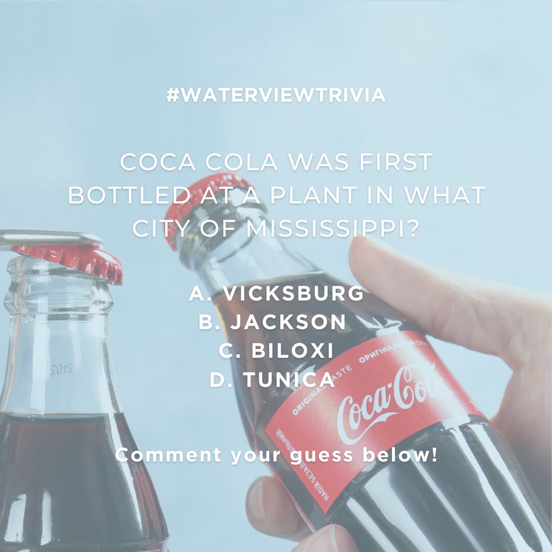 It’s time for more #WaterViewTrivia! Coca Cola was first bottled at a plant in what city of Mississippi? ❤️ Comment your guess below!

*Must be 21. Gambling Problem? Call 1-800-522-4700*