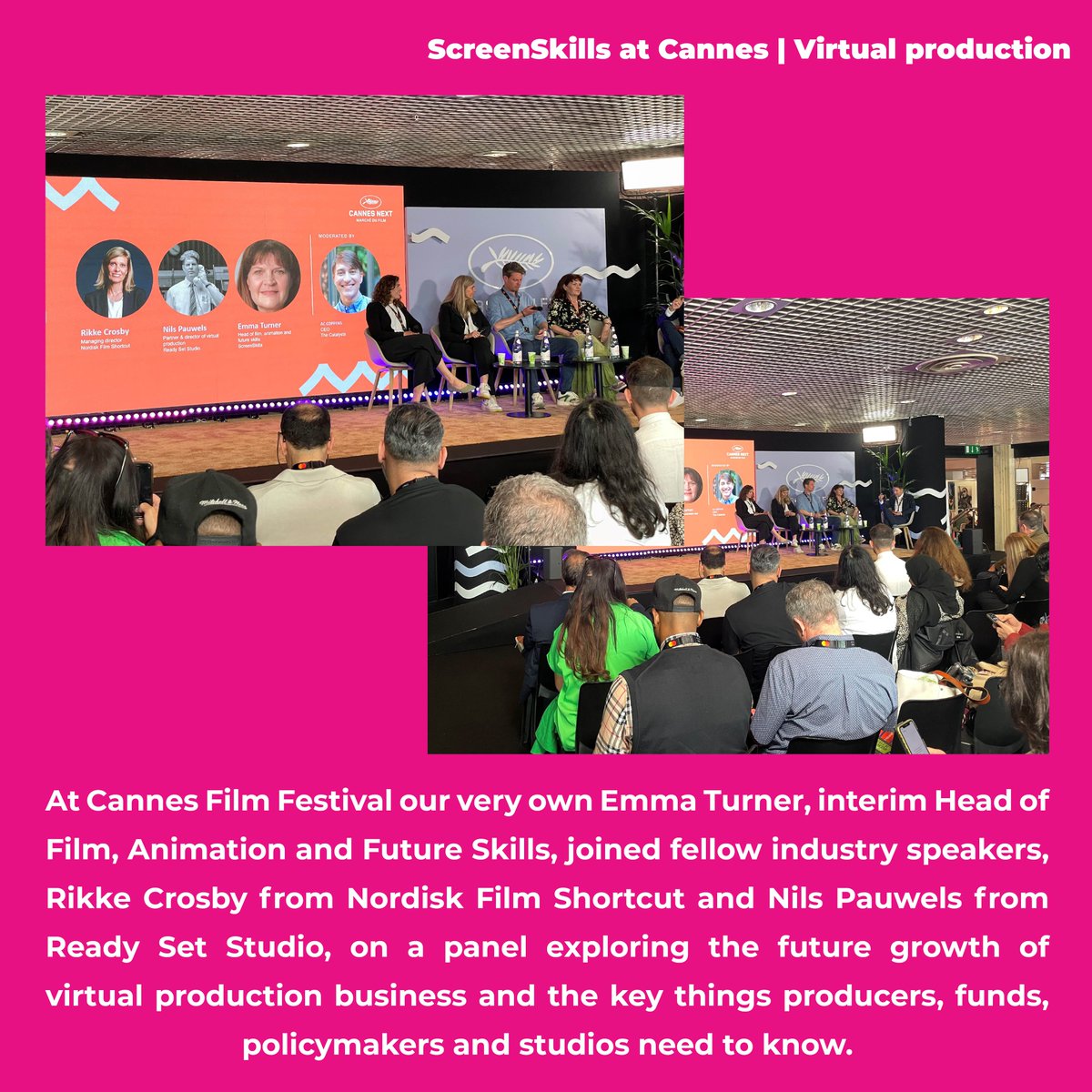 Over in France at #Cannes2023, ScreenSkills' Emma Turner, interim Head of Film, Animation & Future Skills, joined fellow industry leaders, Rikke Crosby from #NordiskFilmShortcut and Nils Pauwels from #ReadySetStudio, on a panel exploring the exciting growth of #virtualproduction