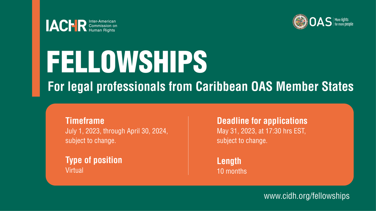CIDH's tweet photo. Apply before May 31 ⏲️ 

📢 Paid Fellowship, aimed at legal professionals from the #CARICOM countries. This is an opportunity to support the #IACHR mandate to protect and promote #HumanRights in the #Caribbean. 

Check the requirements and apply!

👉🏾 https://t.co/1uS8H4T5lZ https://t.co/BeMKzcLlwL