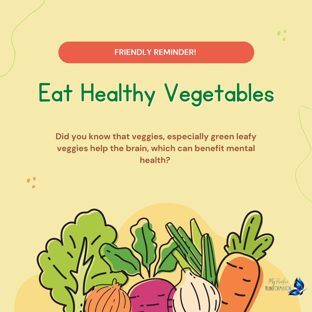 PositiveTransf3's tweet image. Happy #FoodDayFriday! Did you know that veggies, especially green leafy veggies help the brain, which can benefit mental health? Remember to incorporate dark green leafy veggies into your regular diet! #MyPositiveTransformation #EatGreenVeggies #EatHealthy