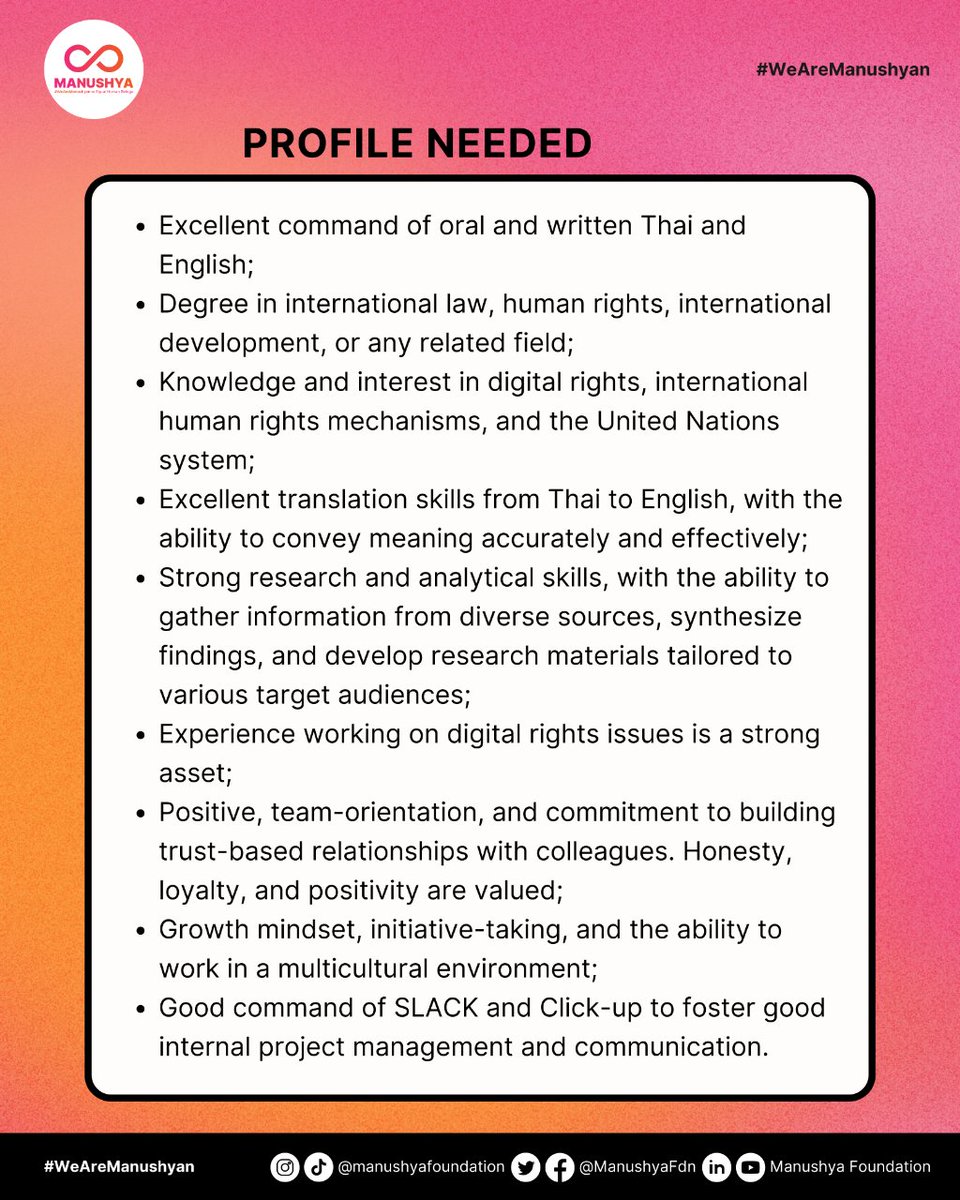 ManushyaFdn's tweet photo. Do you want to become a Manushyan? We are hiring! 📣

📍We are looking for a Human Rights Research &amp; Advocacy Assistant. It is a full-time paid internship position starting at the end of June 2023!

🔗Apply here: https://t.co/j8AKo1AL7W https://t.co/GQfxTsaydi