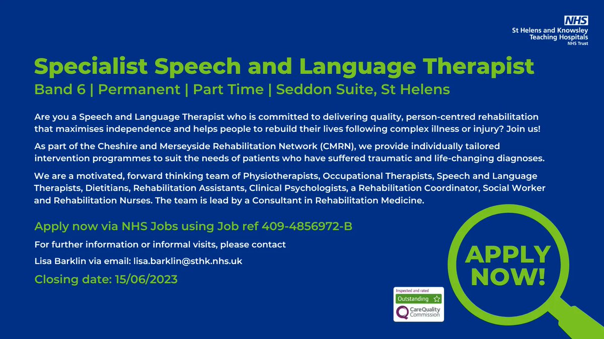 🤔 Are you a Speech and Language Therapist looking to pursue a career with an Outstanding Trust? Join Team STHK and Seddon Suite.

✅ Apply now: buff.ly/3IJ5J9w 

📅 Closing date: 15/06/2023

#AHP #AlliedHealthProfessionals #WeAreTheNHS #MerseysideJobs #Recruitment