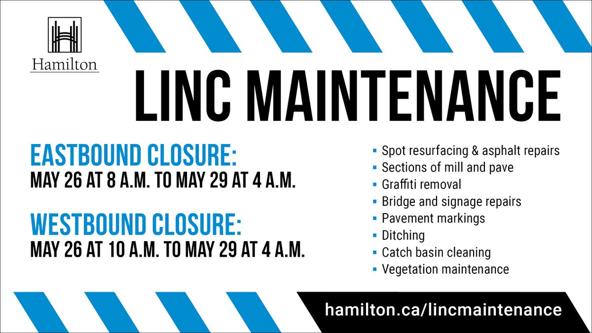 cityofhamilton's tweet image. Beginning today (May 26), we will be closing the Lincoln M. Alexander Parkway in the eastbound and westbound direction for 3 days to conduct maintenance and road repairs. Dates &amp;amp; details: hamilton.ca/lincmaintenance