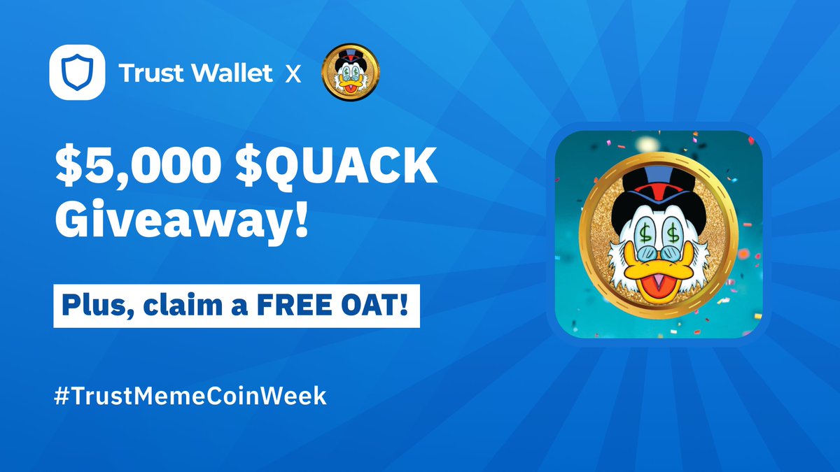 Today's #TrustMemeCoinWeek #Memecoin partner is #RichQUACKArmy!

$5,000 $QUACK is up for grabs (20 x $250 each) Plus, everyone can claim a FREE #TrustWallet #GalxeOAT!

Rules:
💙 Like & RT
💙 Follow @Trustwallet & @RichQuack
💙 Complete steps below👇
galxe.com/trustwallet/ca…