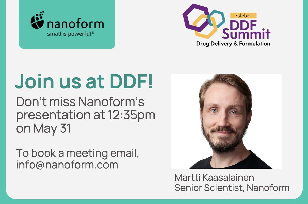 NanoformF's tweet photo. Nanoform is an official partner of this year's @DDF_Summit! 

We're pleased to be sponsoring this event, and will be presenting in the "Solution Spotlights" session at 12:35 pm on May 31.  

To arrange a meeting with us at the #DDFSummit, contact info@nanoform.com https://t.co/wbALkkgDCx