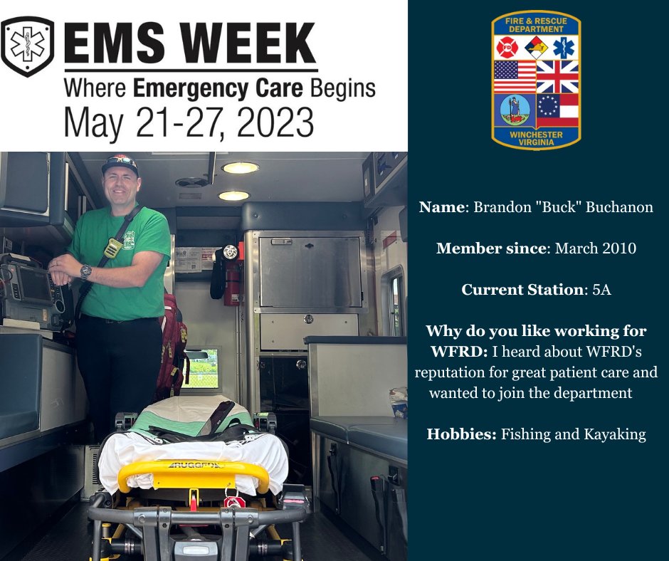 Winchester Fire and Rescue has many excellent providers in our department. Meet one of our paramedics, Brandon! He's been with the department since 2010 and loves working for WFRD and helping the Winchester community.  

#WFRD #CityOfWinchester #EMSWeek2023
