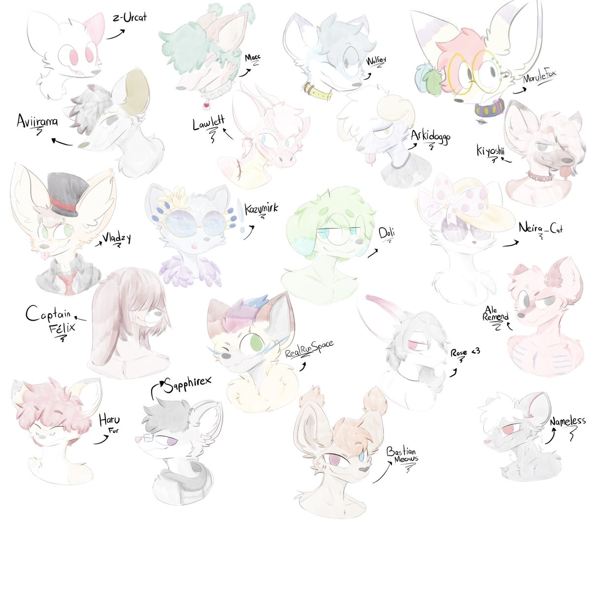 Ya no caben tantos en mi hoja KJSSKJS ✨

Muchísimas gracias a las personas que participaron en el sorteo de 300 follows 💖✨

-Se que aún faltan más, en chiste era subir todos terminados pero creo que si tardaré más tiempo, solo que no quiero quedarme inactivo mucho 

Furries