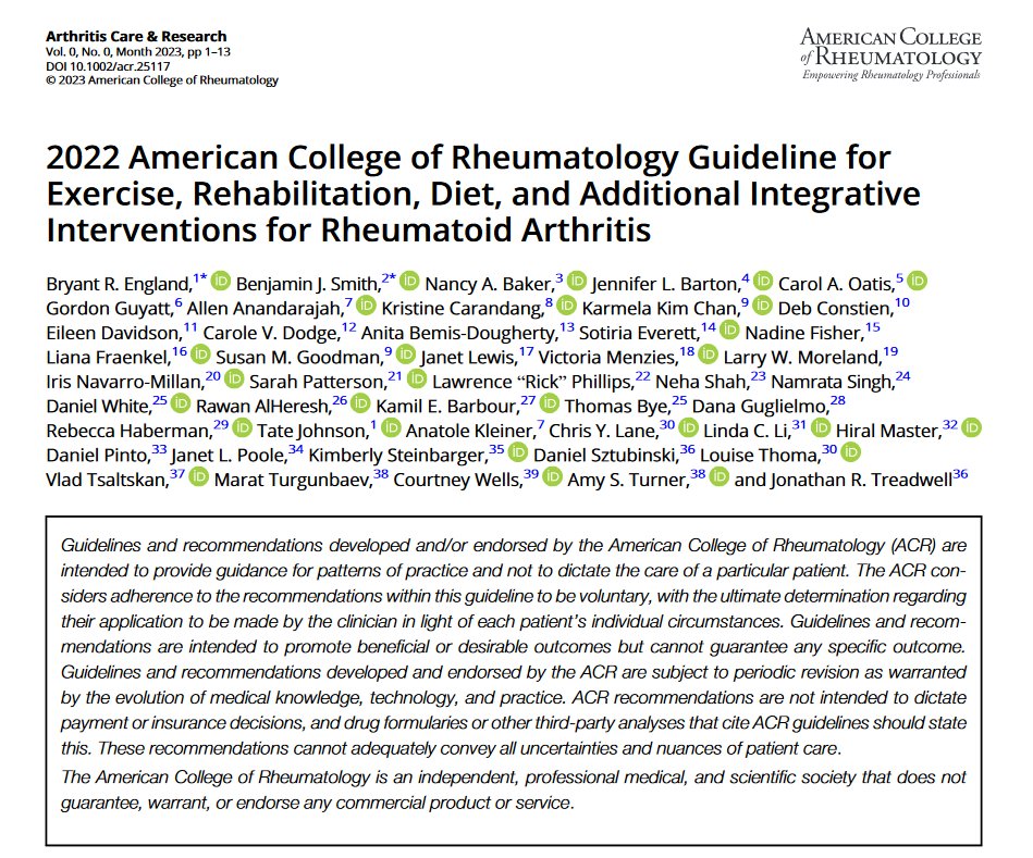 PhysioMeScience's tweet image. 2022 American College of Rheumatology  Guideline for Exercise, Rehabilitation, Diet, and Additional Integrative  Interventions for Rheumatoid Arthritis

👇👇👇

"The  one  strong  recommendation  was  for  consistentengagement in exercise."

pubmed.ncbi.nlm.nih.gov/37227116/