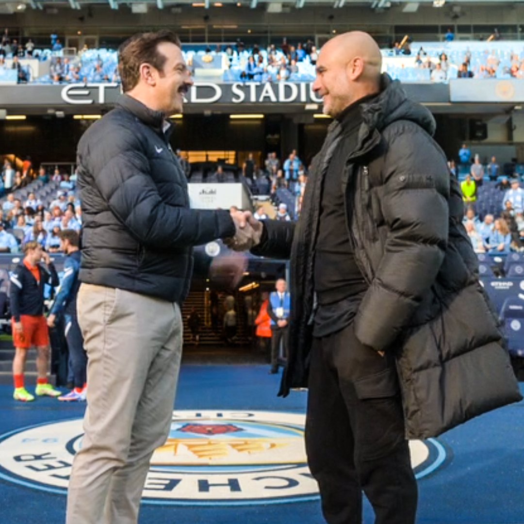 brfootball's tweet photo. Pep Guardiola on his Ted Lasso appearance 📺

'My little daughter Valentina and my wife, we enjoy a lot to watch the show, we are big fans, and when they offered a cameo, I said why not and I could meet the actors' https://t.co/fT61d3CqvB