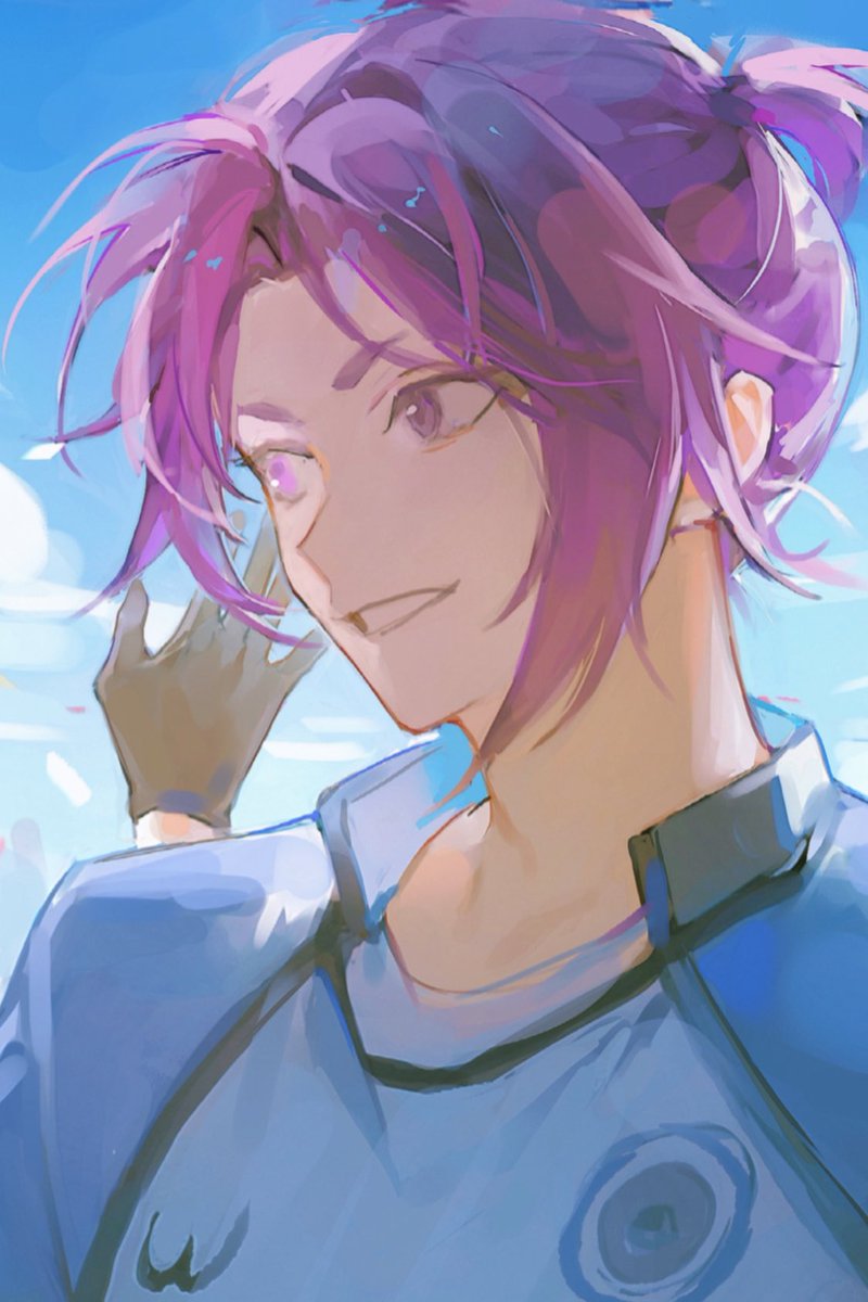 1boy male focus solo purple hair gloves purple eyes smile  illustration images