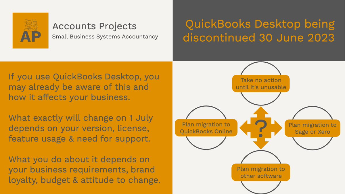 Accounts Projects offers Small Business Systems Accountancy. The sunsetting of QuickBooks Desktop was announced in late 2021 & the extended deadline arrives on 30 June 2023. Please get in touch if you would like some help, and please share this if you know someone else who would.