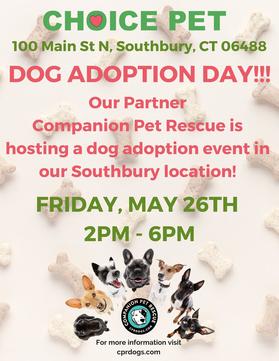 Join us for a dog adoption event hosted by our partner <a href="/cprdogs/">CPR Dogs</a> 
Today in the Southbury location you can bring home your new BFF! 🐾💚 
#adoptdontshop #rescuedogs