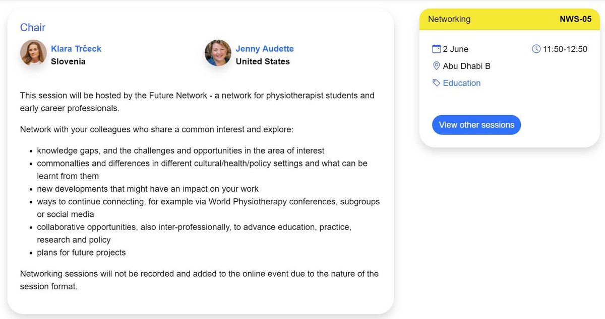 WPhysioFuture's tweet photo. Join the future network for an exciting networking session at the World Physiotherapy Conference in Dubai. #WorldPhysio2023 Connect with pts from around the world, gain insights and expand your professional network.
See you there!
#FuturePhysio https://t.co/EnqcMZaVhl