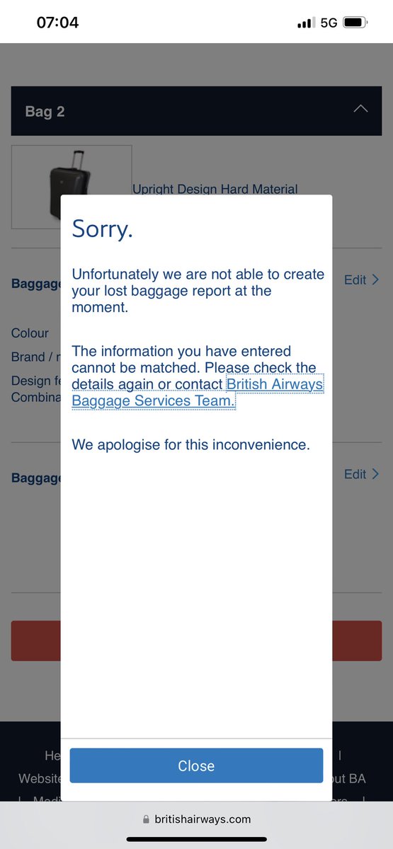 liam67358951's tweet photo. @British_Airways it’s impossible for me to submit a missing baggage report - I have tried multiple times and info all correct - not even a number I can call. On holiday with no clothes https://t.co/Xe89s1loje