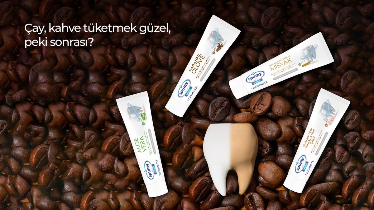 Gün içinde çok fazla çay ve kahve tüketiyoruz, peki ya sonrası? Dişlerinizin sağ taraftaki gibi olmaması ve gülüşlerinizi korumak için Spumy diş macunları ile dişlerinizi fırçalayın.

#SPUMY #İçinizRahatGülümseyin #vegan  #dişmacunu #dişsağlığı  #ağızsağlığı #sağlıklagülümseyin